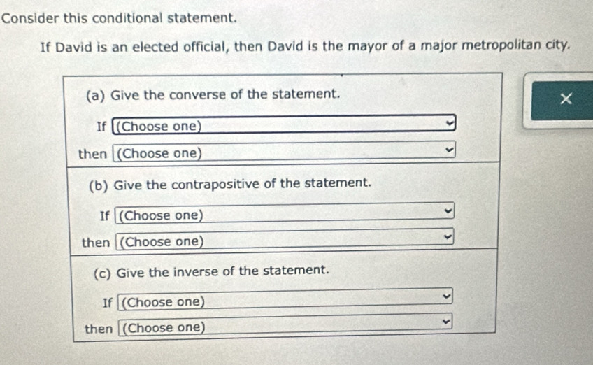 Consider this conditional statement. 
If David is an elected official, then David is the mayor of a major metropolitan city. 
×