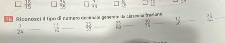  16/15   34/35   7/33   8/45   12/25  55 
16 Riconosci il tipo di numero decimale generato da ciascuna frazione.
 7/24  _  11/16  _  25/33  _  23/60  _  18/25  _  17/36  _  25/44  _