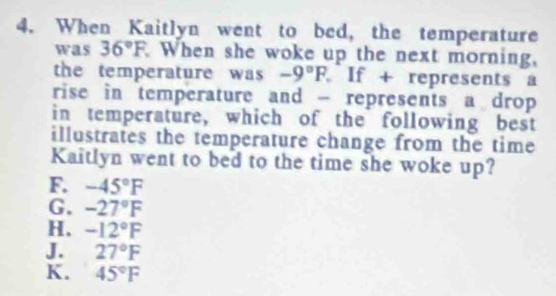 When Kaitlyn went to bed, the temperature
was 36°F When she woke up the next morning,
the temperature was -9°F If + represents a
rise in temperature and - represents a drop
in temperature, which of the following best
illustrates the temperature change from the time
Kaitlyn went to bed to the time she woke up?
F. -45°F
G. -27°F
H. -12°F
J. 27°F
K. 45°F