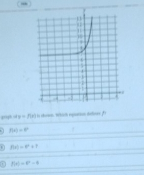 graph of y=f(x) is shown. Which equation defines f?
f(x)=6^x
6 f(e)=e^t+7
f(t)=t^2-6