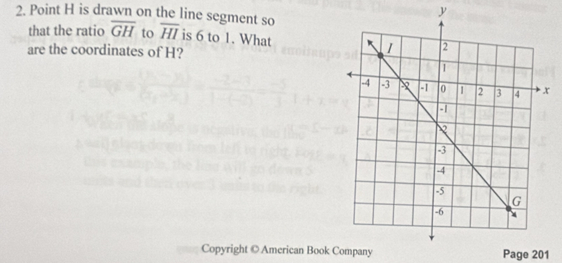 Point H is drawn on the line segment so 
y 
that the ratio overline GH to overline HI is 6 to 1. What 
are the coordinates of H? 
Copyright © American Book Company Page 201