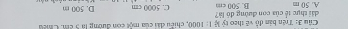 Trên bản đồ vẽ theo tỷ lệ 1:1000 , chiều dài của một con đường là 5 cm. Chiều
dài thực tế của con đường đó là?
A. 50 m B. 500 cm C. 5000 cm D. 500 m