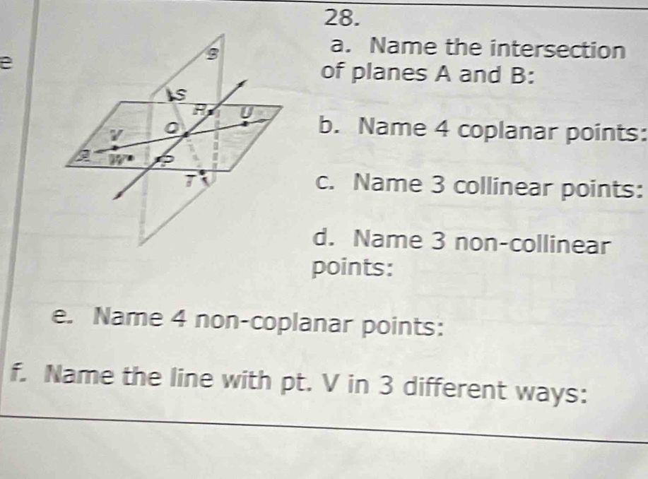 Solved: Name the intersection e of planes A and B : b. Name 4 coplanar ...