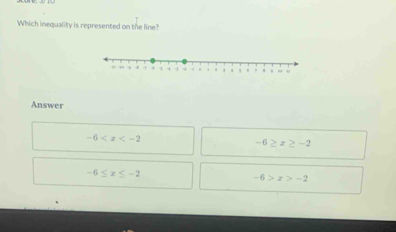 Which inequality is represented on the line?
Answer
-6
-6≥ x≥ -2
-6≤ x≤ -2
-6>x>-2