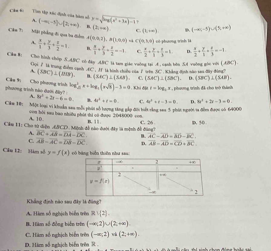 Tìm tập xác định của hàm số y=sqrt(log (x^2+3x)-1) (-∈fty ;-5)∪ (5;+∈fty )
?
A. (-∈fty ;-5]∪ [2;+∈fty ). B. (2;+∈fty ). C. (1;+∈fty ). D.
Câu 7:     Mặt phầng đi qua ba điểm A(0;0;2),B(1;0;0) và C(0;3;0) có phương trình là
A.  x/1 + y/3 + z/2 =1. B.  x/1 + y/3 + z/2 =-1. C.  x/2 + y/1 + z/3 =1. D.  x/2 + y/1 + z/3 =-1.
Câu 8: Cho hình chóp S.ABC cô đây ABC là tam giác vuông tại A, cạnh bên SA vuông góc với (ABC)
Gọi 7 là trung điểm cạnh AC, H là hình chiều của / trên SC . Khẳng định nào sau đây đúng?
A. (SBC)⊥ (IHB). B, (SAC)⊥ (SAB). C. (SAC)⊥ (SBC). D. (SBC)⊥ (SAB).
Câu 9: Cho phương trình
phương trình nào dưới đây? : log _sqrt(2)^2x+log _2(xsqrt(8))-3=0. Khi đặt t=log _2x , phương trình đã cho trở thành
A. 8t^2+2t-6=0. B. 4t^2+t=0. C. 4t^2+t-3=0. D. 8t^2+2t-3=0.
Câu 10: Một loại vi khuẩn sau mỗi phút số lượng tăng gấp đôi biết rằng sau 5 phút người ta đếm được có 64000
con hỏi sau bao nhiêu phút thì có được 2048000 con.
A. 10 . B. 1 1 . C. 26 . D. 50 .
Câu 11: Cho tử diện ABCD. Mệnh đề nào dưới đây là mệnh đề đúng?
A. overline BC+overline AB=overline DA-overline DC.
B. vector AC-vector AD=vector BD-vector BC.
C. overline AB-overline AC=overline DB-overline DC. D. vector AB-vector AD=vector CD+vector BC.
Câu 12: Hàm số y=f(x) có bảng biển thiên như sau:
Khẳng định nào sau đây là đúng?
A. Hàm số nghịch biến trên R/ 2 .
B. Hàm số đồng biến trên (-∈fty ;2)∪ (2;+∈fty ).
C. Hàm số nghịch biến trên (-∈fty ;2) và (2;+∈fty ).
D. Hàm số nghịch biến trên R .
d) ở mỗi câu, thí sinh chọn đúng hoặc sai.