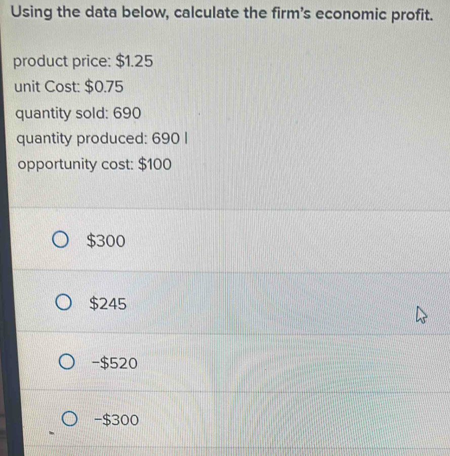 Solved: Using the data below, calculate the firm's economic profit ...