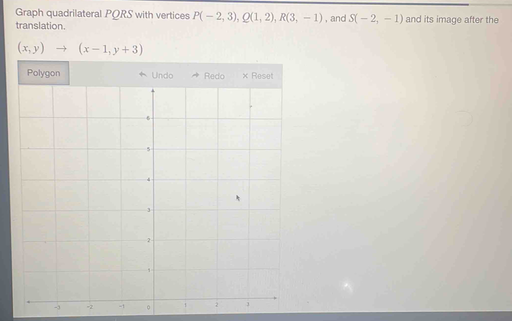 Graph quadrilateral PQRS with vertices P(-2,3), Q(1,2), R(3,-1)
translation. , and S(-2,-1) and its image after the
(x,y)to (x-1,y+3)