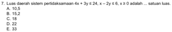 Luas daerah sistem pertidaksamaan 4x+3y≤ 24, x-2y≤ 6, x≥ 0 adalah ... satuan luas.
A. 10, 5
B. 15, 2
C. 18
D. 22
E. 33