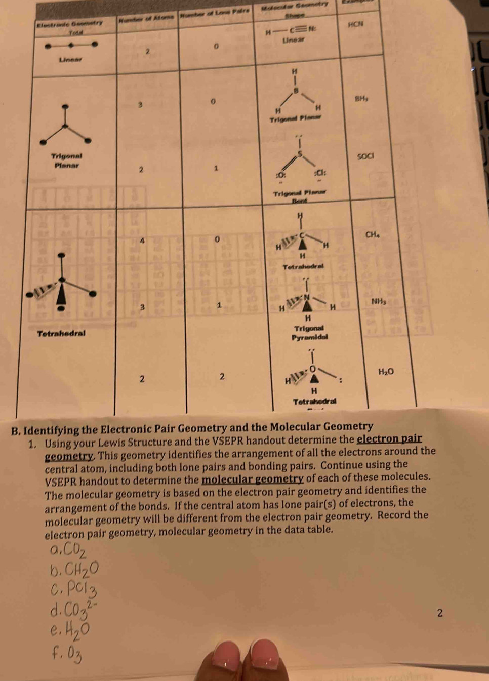 ic Geometry Number of Atoms Number of Lona Paíra Molscular Gesmetry
hope
HCN
B. 
geometry. This geometry identifithe
central atom, including both lone pairs and bonding pairs. Continue using the
VSEPR handout to determine the molecular geometry of each of these molecules.
The molecular geometry is based on the electron pair geometry and identifies the
arrangement of the bonds. If the central atom has lone pair(s) of electrons, the
molecular geometry will be different from the electron pair geometry. Record the
electron pair geometry, molecular geometry in the data table.
2