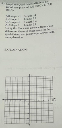 Graph the Quadrilatera ABCD on the
coordinate plane A(1,1) B(0.2) C(2,4)
D(3,3)
AB slope -1 Length 1.4
BC slope 1 Length 2.8
CD slope -1 Length 1.4
AD Slope 1 Length 2.8
Using the Slope and distance from above
determine the most exact name for the
quadrilateral and justify your answer with
an explanation
EXPLAINATION: