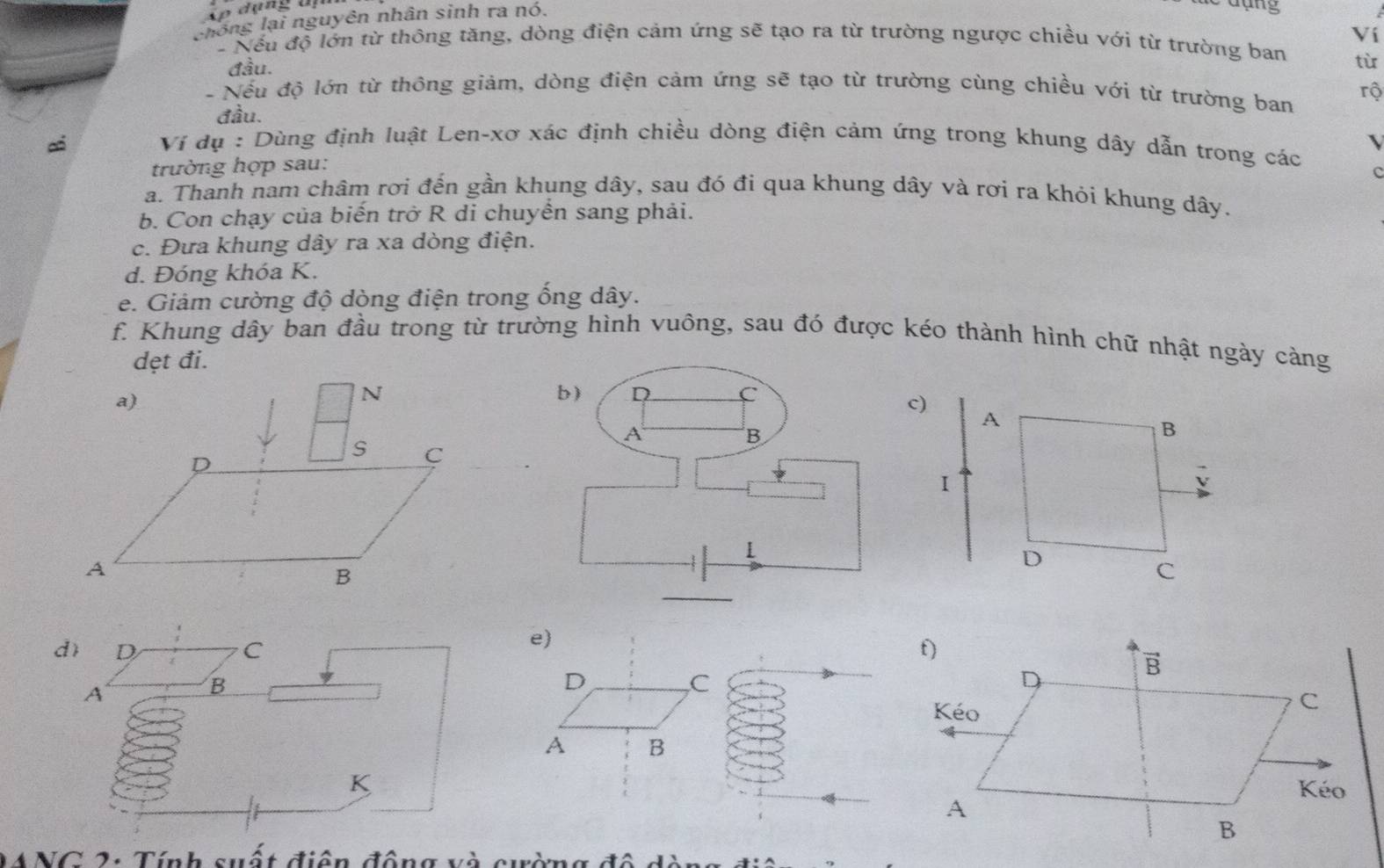 chống lại nguyên nhân sinh ra nó.
đạng
Ví
Nếu độ lớn từ thông tăng, dòng điện cảm ứng sẽ tạo ra từ trường ngược chiều với từ trường ban
đầu.
từ
- Nếu độ lớn từ thông giảm, dòng điện cảm ứng sẽ tạo từ trường cùng chiều với từ trường ban rộ
đầu.
Ví dụ : Dùng định luật Len-xơ xác định chiều dòng điện cảm ứng trong khung dây dẫn trong các
trường hợp sau:
C
a. Thanh nam châm rơi đến gần khung dây, sau đó đi qua khung dây và rơi ra khỏi khung dây.
b. Con chạy của biến trở R di chuyền sang phải.
c. Đưa khung dây ra xa dòng điện.
d. Đóng khóa K.
e. Giảm cường độ dòng điện trong ống dây.
f. Khung dây ban đầu trong từ trường hình vuông, sau đó được kéo thành hình chữ nhật ngày cảng
dẹt đi.
e)
d) D C 
A
B
D
C
A B
K
1ANC 2: Tính suất điện động và cường  c