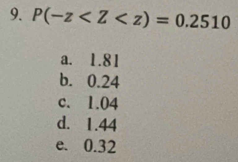 P(-z
a. 1.81
b. 0.24
c. 1.04
d. 1.44
e. 0.32