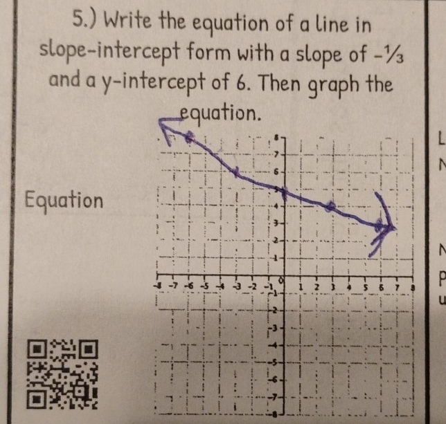 5.) Write the equation of a line in 
slope-intercept form with a slope of -½
and a y-intercept of 6. Then graph the 
equation.
7
6
Equation
3
-4
3
2
1
-4 -7 -6 -5 -4 -3 -2 -1 i 2 j 4 5 δ 1 8
u
2

-4
−5
-6
1