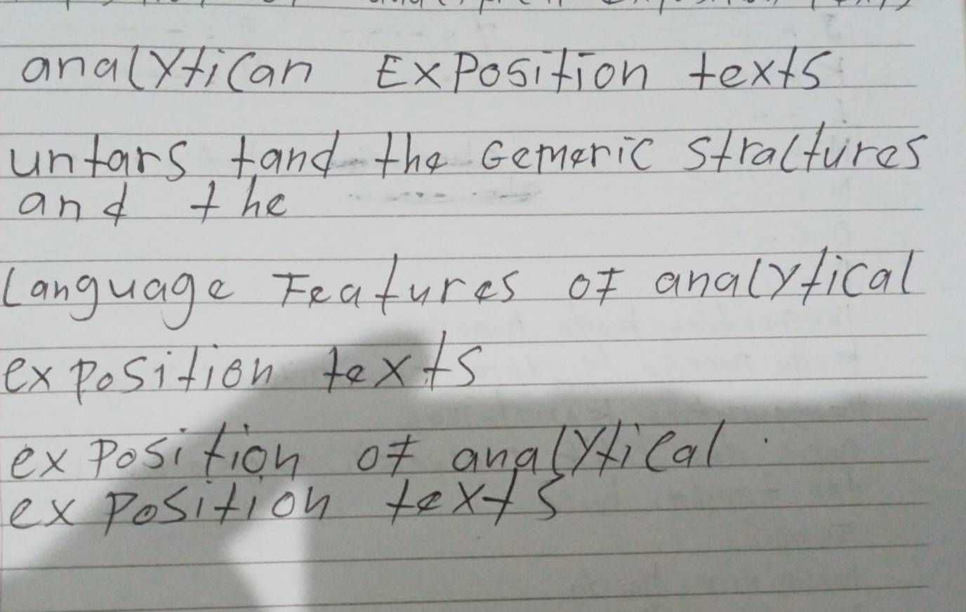 analxtican ExPosition texts 
unfars fand the Gemeric straltures 
and the 
Language Features of analyfical 
exposition texts 
exposition of analyical 
exposition texts