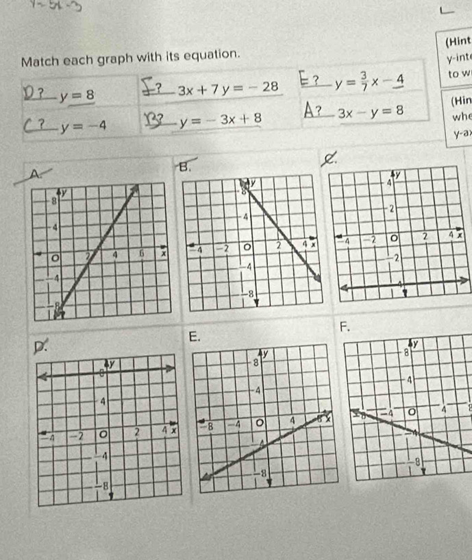 (Hint
Match each graph with its equation.
y -int
y=8
_ 3x+7y=-28 = _ y= 3/7 x-_ 4 to w
(Hin
A?_ 3x-y=8 whe
y=-4
_ y=-3x+8
y-a
A
B.

F.

E.