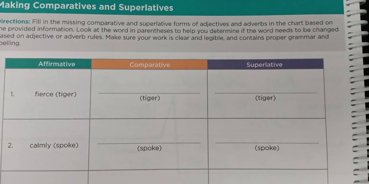 Making Comparatives and Superlatives 
pirections: Fill in the missing comparative and superlative forms of adjectives and adverbs in the chart based on 
he provided information. Look at the word in parentheses to help you determine if the word needs to be changed 
ased on adjective or adverb rules. Make sure your work is clear and legible, and contains proper grammar and 
belling.