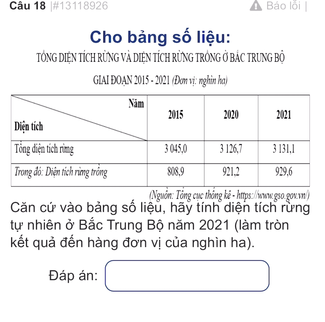 #13118926 Báo lỗi 
Cho bảng số liệu: 
TỒNG DIỆN TÍCH RÜNG VẢ DIỆN TÍCH RÜNG TRỒNG Ở BẢC TRUNG Bộ 
GIAI ĐOAN 2015 - 2021 (Đơn vị: nghìn ha) 
Nguồn: Tông cục thông kê - https://www.gso.gov.vn/) 
Căn cứ vào bảng số liệu, hãy tính diện tích rừng 
tự nhiên ở Bắc Trung Bộ năm 2021 (làm tròn 
kết quả đến hàng đơn vị của nghìn ha). 
Đáp án: □