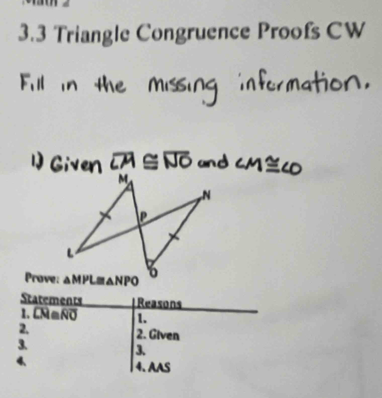 3.3 Triangle Congruence Proofs CW