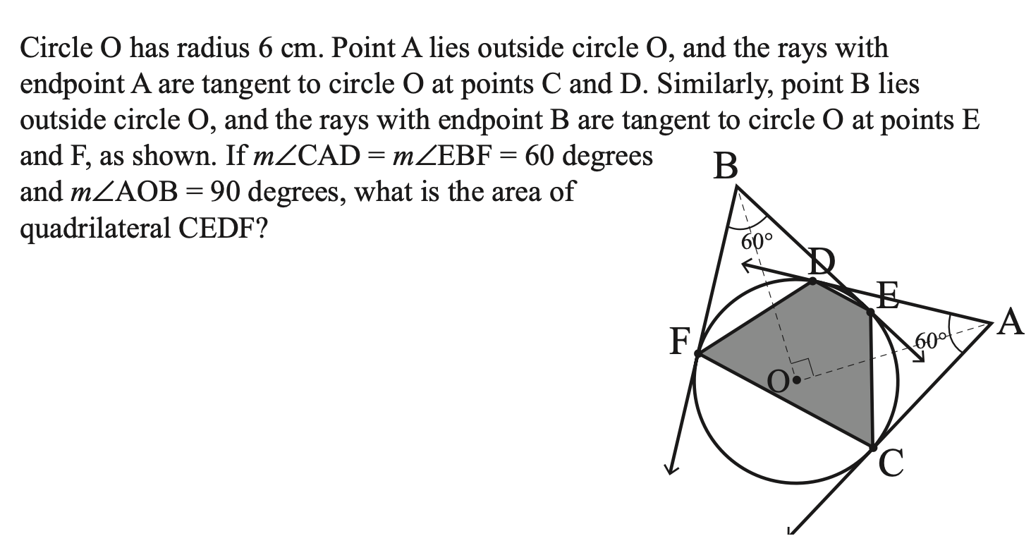 Circle O has radius 6 cm. Point A lies outside circle O, and the rays with
endpoint A are tangent to circle O at points C and D. Similarly, point B lies
outside circle O, and the rays with endpoint B are tangent to circle O at points E
and F, as shown. If m∠ CAD=m∠ EBF=60 degree
and m∠ AOB=90 degrees, what is the area of
quadrilateral CEDF?
A