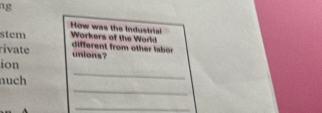 ng 
How was the Industrial 
stem 
Workers of the World 
different from other labör 
rivate unions? 
ion 
_ 
nuch 
_ 
_