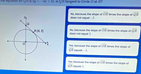 The equation for QR is 5y=-4x+41. Is QR tangent to Circle O at R?
No, because the slope of overline OR times the slope of overline QR
does not equal --1.
No, because the slope of overline OR times the slope of overline QR
does not equal 1.
Yes, because the slope of overline OR times the slope of
overline QR equals - 1.
Yes, because the slope of overline OR times the slope of
overline QR equals 1.