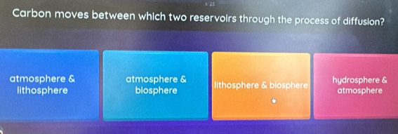 Carbon moves between which two reservoirs through the process of diffusion?
atmosphere & atmosphere & lithosphere & biosphere hydrosphere &
lithosphere biosphere atmosphere