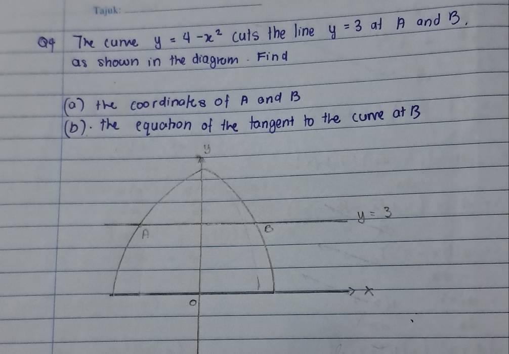 The curve y=4-x^2 cuts the line y=3 at A and B. 
as shown in the diagram. Find 
(a ) the coordinaks of A and B
(b): the equahon of the fangent to the cure at B3
y=3
A 
B 
o