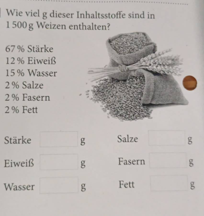 Wie viel g dieser Inhaltsstoffe sind in
1 500 g Weizen enthalten?
67 % Stärke
12 % Eiweiß
15 % Wasser
2% Salze
2 % Fasern
2% Fett 
Stärke □ g Salze □  g
Eiweiß □ g Fasern □ g
Wasser □ g □ □ 
Fett g