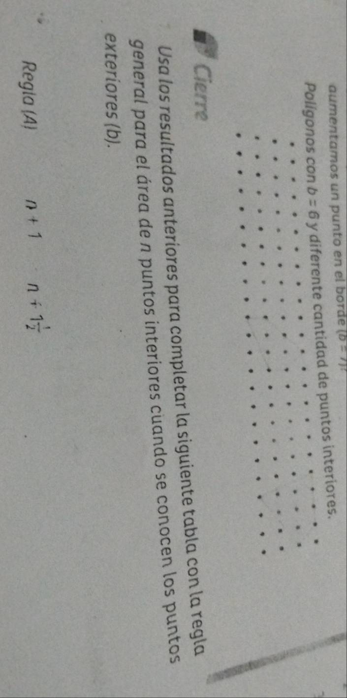 aumentamos un punto en el borde (b=7)
Polígonos con b=6 y diferente cantidad de puntos interiores. 
Cierre 
Usa los resultados anteriores para completar la siguiente tabla con la regla 
general para el área de n puntos interiores cuando se conocen los puntos 
exteriores (b). 
Regla (A)
n+1 n+1 1/2 