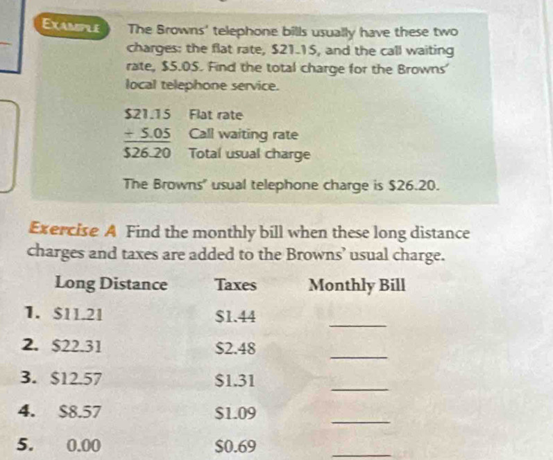 Example The Browns' telephone bills usually have these two 
charges: the flat rate, $21.15, and the call waiting 
rate, $5.05. Find the total charge for the Browns' 
local telephone service.
beginarrayr $21.15 +5.05 hline 526.20endarray Flat rate 
Call waiting rate 
Total usual charge 
The Browns" usual telephone charge is $26.20. 
Exercise A Find the monthly bill when these long distance 
charges and taxes are added to the Browns’ usual charge. 
Long Distance Taxes Monthly Bill 
_ 
1. $11.21 $1.44
_ 
2. $22.31 $2.48
_ 
3. $12.57 $1.31
4. $8.57 $1.09
_ 
5. 0.00 $0.69
_