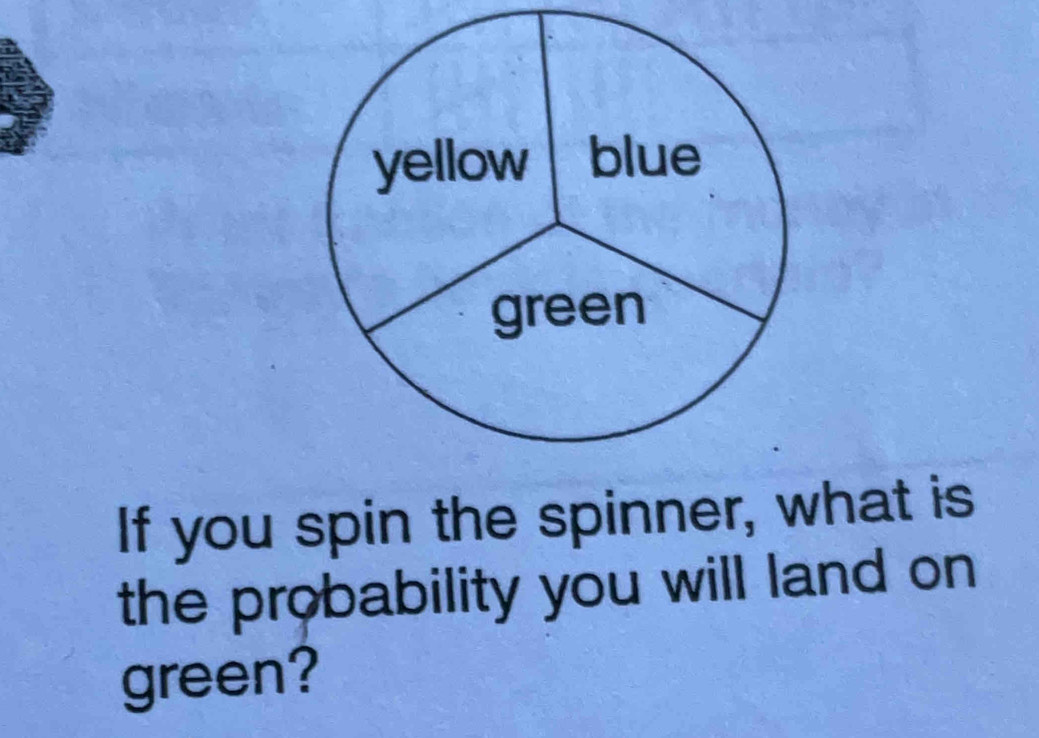 If you spin the spinner, what is 
the probability you will land on 
green?