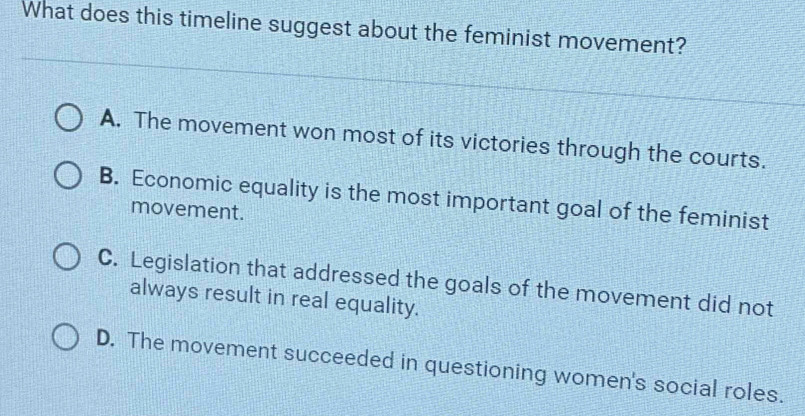 What does this timeline suggest about the feminist movement?
A. The movement won most of its victories through the courts.
B. Economic equality is the most important goal of the feminist
movement.
C. Legislation that addressed the goals of the movement did not
always result in real equality.
D. The movement succeeded in questioning women's social roles.