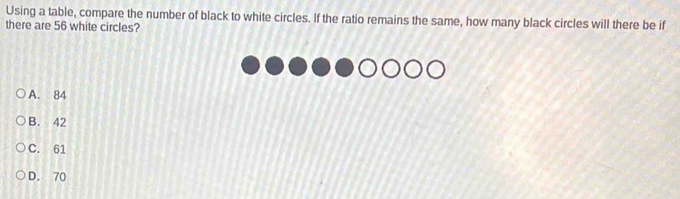 Using a table, compare the number of black to white circles. If the ratio remains the same, how many black circles will there be if
there are 56 white circles?
A. 84
B. 42
C. 61
D. 70