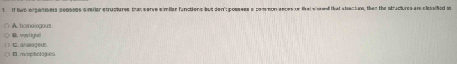 If two organisms possess similar structures that serve similar functions but don't possess a common ancestor that shared that structure, then the structures are classified as
A. homologous
B. vestigial
C. analogous
D. morphologies.