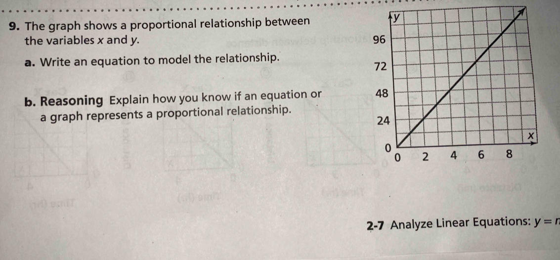 The graph shows a proportional relationship between 
the variables x and y. 
a. Write an equation to model the relationship. 
b. Reasoning Explain how you know if an equation or 
a graph represents a proportional relationship. 
2-7 Analyze Linear Equations: y=n