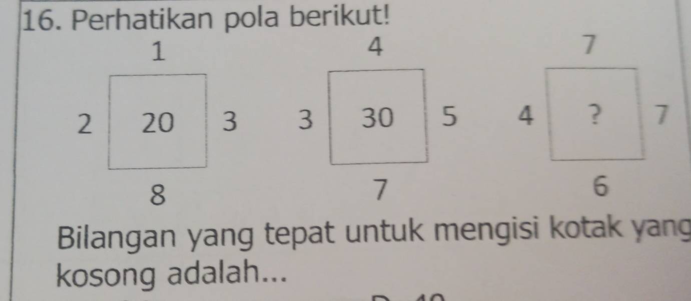 Perhatikan pola berikut! 

Bilangan yang tepat untuk mengisi kotak yang 
kosong adalah...