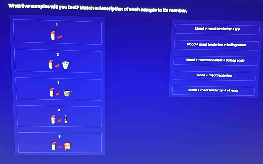 What five samples will you test? Match a description of each sample to its number.
blood + meat tenderizer + ice
blood + meat tenderizer + boiling water
blood + meat tenderizer + baking soda
blood + meat tenderizer
blood + meat tenderizer + vinegar