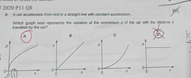 2020 P11 Q8 
8 A car accelerates from rest in a straight line with constant acceleration. 
Which graph best represents the varlation of the momentum p of the car with the distance s 
travelled by the car? 
A 
B 
C 
0