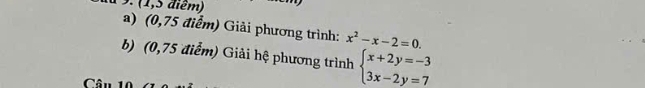 (1,5 diểm) 
a) (0,75 điểm) Giải phương trình: x^2-x-2=0. 
b) (0,75 điểm) Giải hệ phương trình beginarrayl x+2y=-3 3x-2y=7endarray.