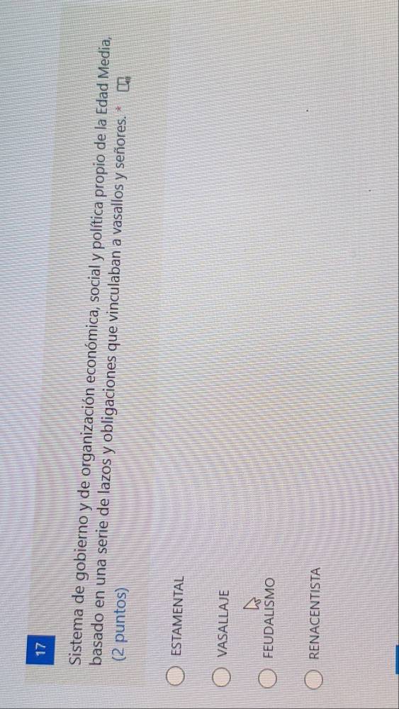 Sistema de gobierno y de organización económica, social y política propio de la Edad Media,
basado en una serie de lazos y obligaciones que vinculaban a vasallos y señores. *
(2 puntos)
ESTAMENTAL
VASALLAJE
FEUDALISMO
RENACENTISTA