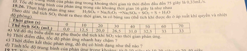 ung binh của phản ứng trong khoảng thời gian từ thời điểm đầu đến 75 giây là 0,33mL/s.
D. Tốc độ trung bình của phản ứng trong các khoảng thời gian 16 giây là như nhau
19.26. Thực hiện phản ứng sau: H_2SO_4+Na_2S_2O_3to Na_2SO_4+SO_2+S+H_2O
Theo dõi thể tích SO_2 thoát ra theosuất khi quyền và nhiệt
độ ph
h khí SO_2 vào thời gian phản ứng.
Thời điểm đầu, tốc độ phản ứng nhanh hay chậm ?
c) Thời điểm kết thúc phản ứng, đồ thị có hình dạng như thế nào ?
d) Tính tốc độ trung bình của phản ứng trong khoảng: tị
19