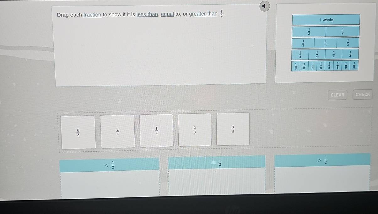 Drag each fraction to show if it is less than, equal to, or greater than  1/2 .
CLEAR CHECK
 6/8 
 2/4 
 1/4 
 2/3 
 3/8 

= 1/2 
, 1/2 