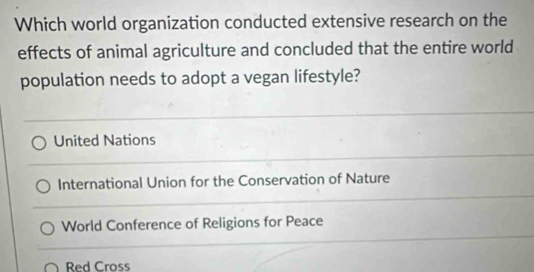 Which world organization conducted extensive research on the
effects of animal agriculture and concluded that the entire world
population needs to adopt a vegan lifestyle?
United Nations
International Union for the Conservation of Nature
World Conference of Religions for Peace
Red Cross