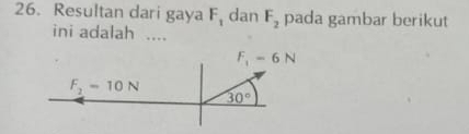 Resultan dari gaya F_1 dan F_2 pada gambar berikut 
ini adalah ....
F_1-6N
F_2=10N
30°