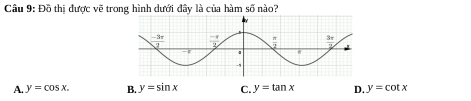 Đồ thị được vẽ trong hình dưới đây là của hàm soverline 0 nào?
A. y=cos x. B. y=sin x C. y=tan x D. y=cot x