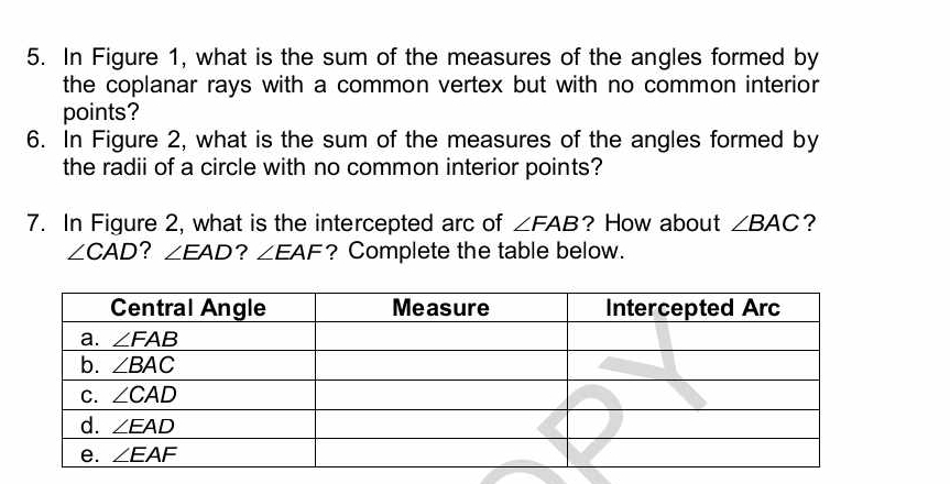 In Figure 1, what is the sum of the measures of the angles formed by
the coplanar rays with a common vertex but with no common interior
points?
6. In Figure 2, what is the sum of the measures of the angles formed by
the radii of a circle with no common interior points?
7. In Figure 2, what is the intercepted arc of ∠ FAB ? How about ∠ BAC ?
∠ CAD ? ∠ EAD ? ∠ EAF ? Complete the table below.