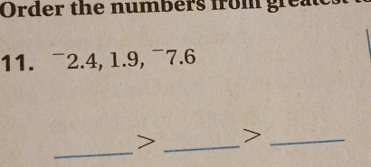 Order the numbers from grea 
11. ¯2. 4, 1.9, ¯7. 6
_ 
> _>_