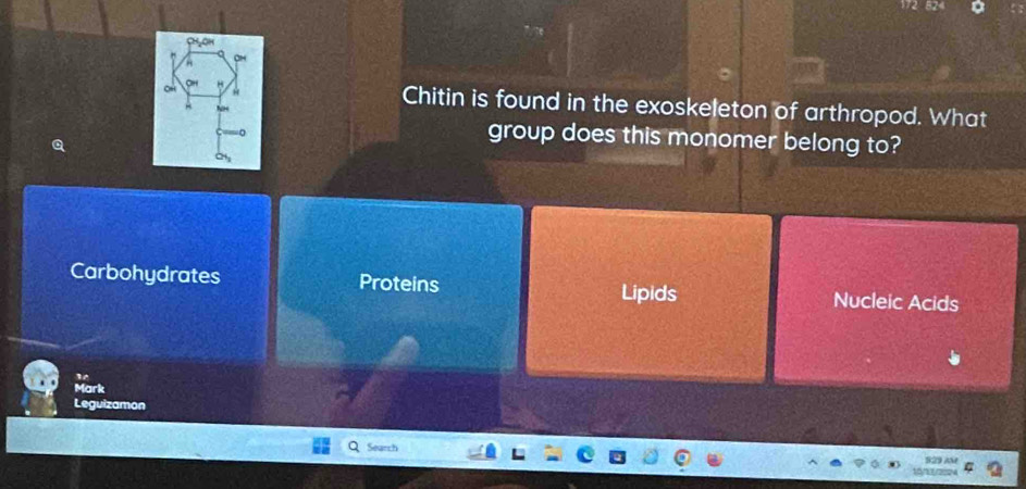 08,0

of
Chitin is found in the exoskeleton of arthropod. What
group does this monomer belong to?
Carbohydrates Proteins Lipids Nucleic Acids
Mark
Leguizamon
Search