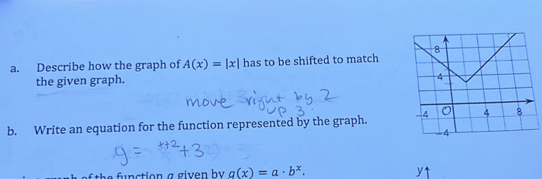 Describe how the graph of A(x)=|x| has to be shifted to match 
the given graph. 
b. Write an equation for the function represented by the graph. 
f the function a given by g(x)=a· b^x.
y