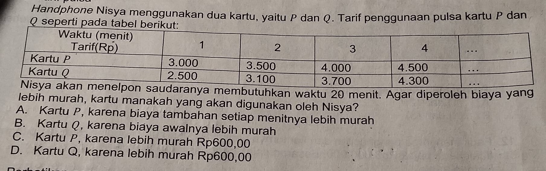 Handphone Nisya menggunakan dua kartu, yaitu P dan Q. Tarif penggunaan pulsa kartu P dan
Q seperti pada tabe
embutuhkan waktu 20 menit. Agar diperoleh biaya yang
lebih murah, kartu manakah yang akan digunakan oleh Nisya?
A. Kartu P, karena biaya tambahan setiap menitnya lebih murah
B. Kartu Q, karena biaya awalnya lebih murah
C. Kartu P, karena lebih murah Rp600,00
D. Kartu Q, karena lebih murah Rp600,00